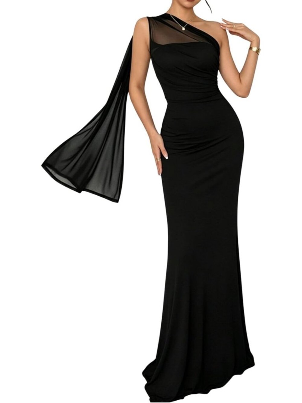 Women's Black Off The Shoulder Mid Waist Mermaid Cocktail Maxi Dress
